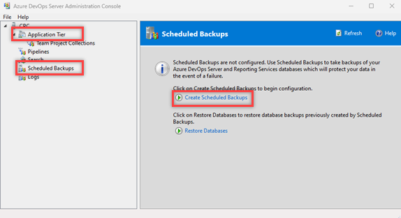 Schermopname toont knoppen voor selectie in de beheerconsole om een geplande back-up te maken.