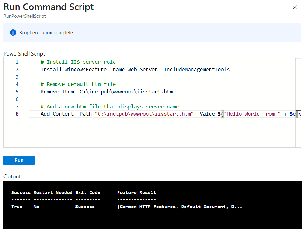 Schermopname van het venster Opdrachtscript uitvoeren met PowerShell-code en uitvoer.