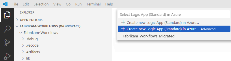 Schermopname van de lijst met implementatieopties en de geselecteerde optie voor het maken van een nieuwe standaardresource voor logische apps met aangepaste stappen.