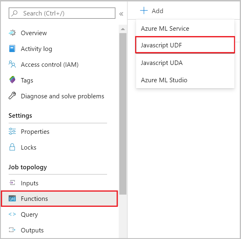 Screenshot van de Azure portal Functions-pagina waarop het Toevoegmenu wordt getoond met de JavaScript UDF-optie.