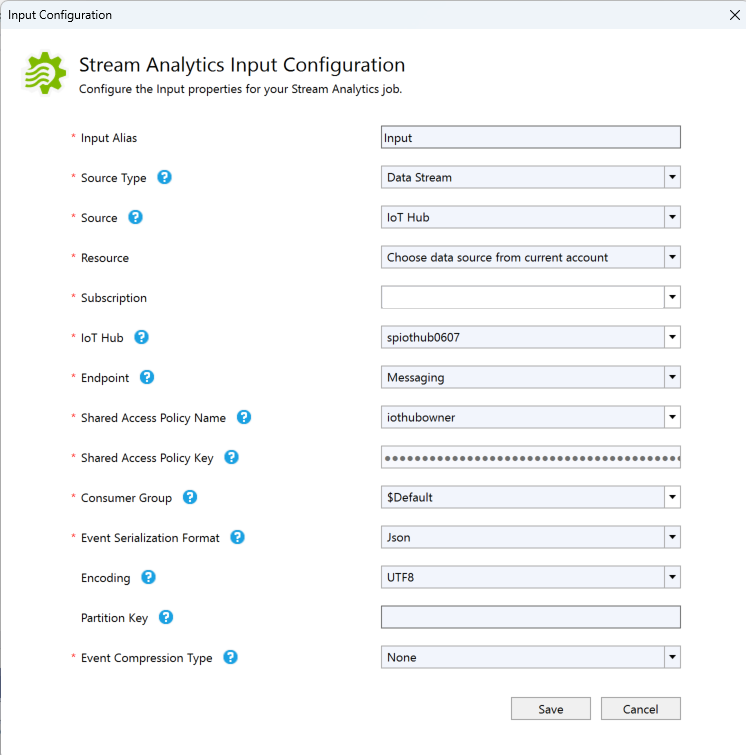Schermopname van de pagina Stream Analytics Invoerconfiguratie.