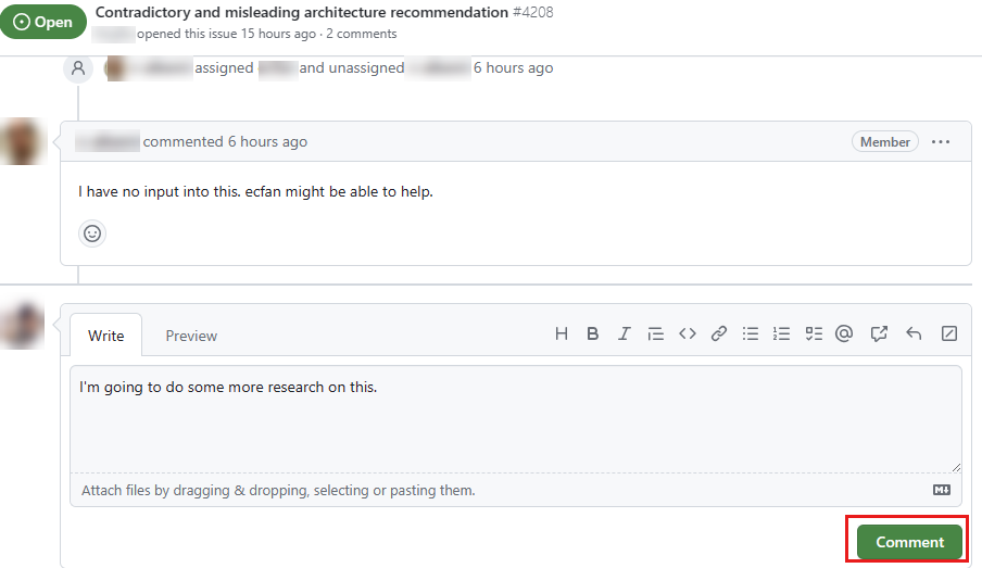 Schermopname van een GitHub-probleem met een opmerkingenvak onderaan.