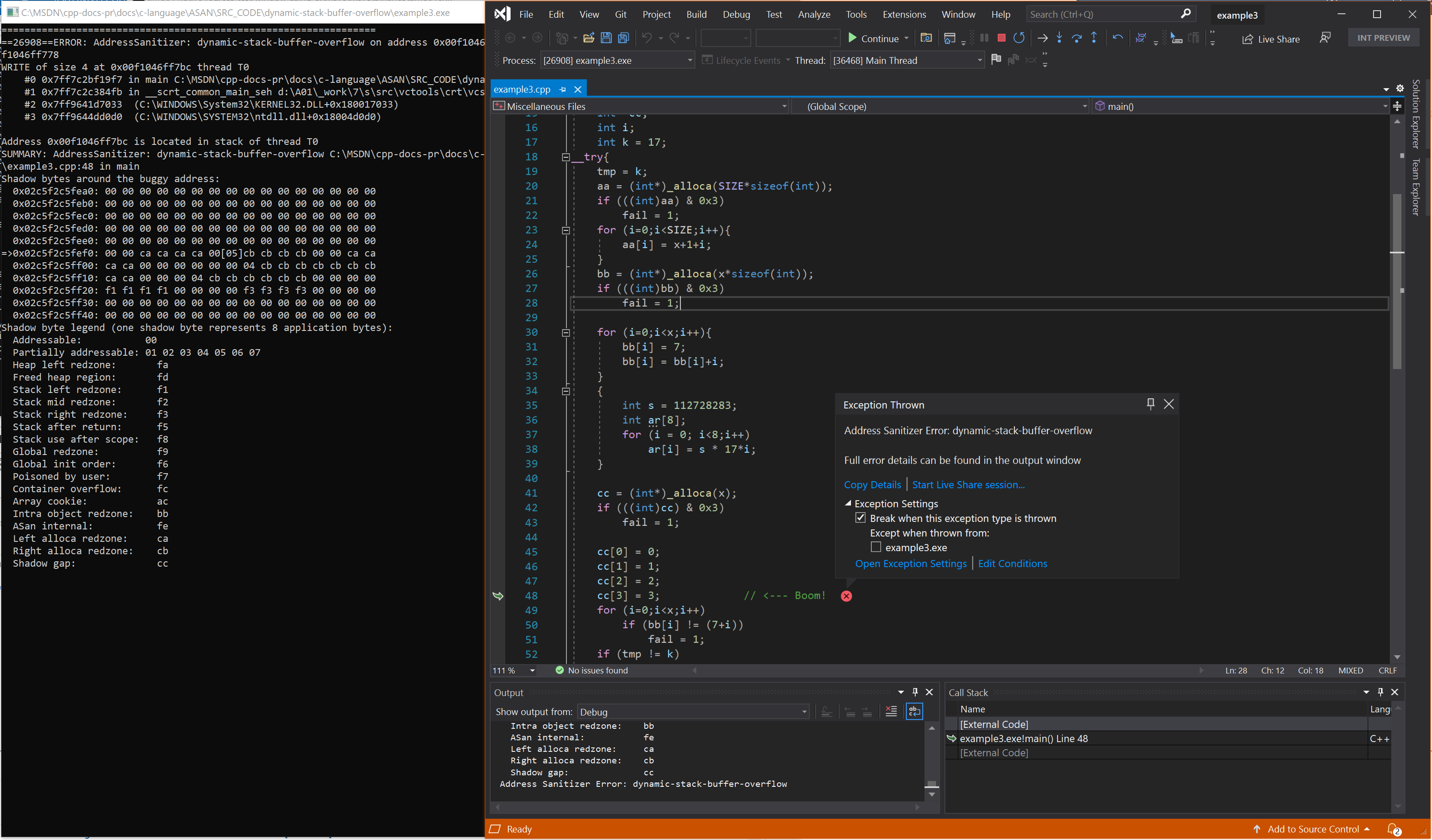 Schermopname van het foutopsporingsprogramma met de fout dynamic-stack-buffer-overflow in voorbeeld 3.