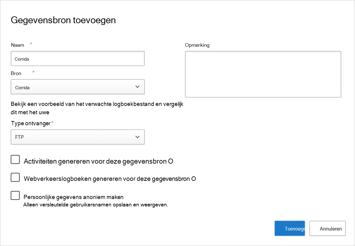 Screenshot van de pagina Gegevens toevoegen met Corrata als bron geselecteerd.