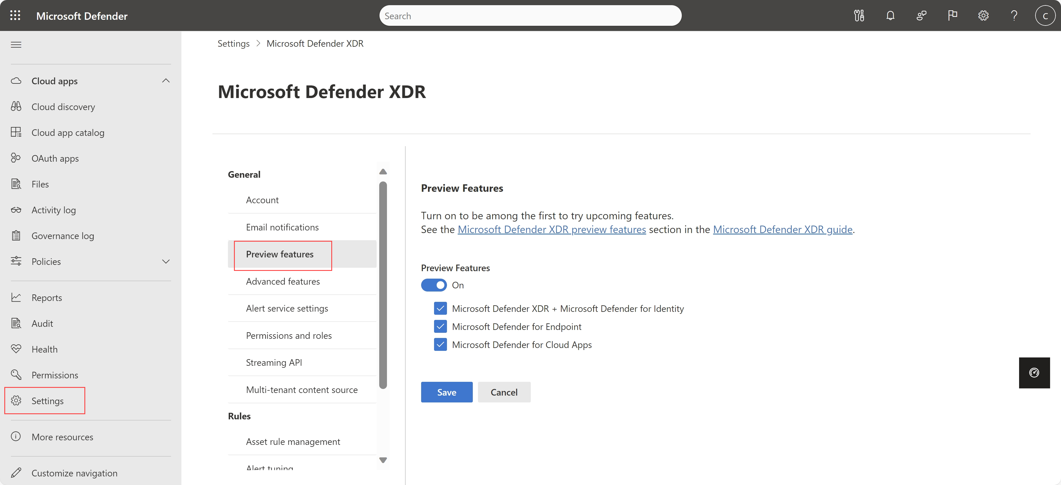 Schermopname van de pagina met instellingen van Microsoft Defender XDR Preview-functies.