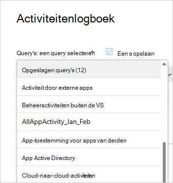 Schermopname van de lijst Met opgeslagen query's waarin u een eerder opgeslagen activiteitsquery selecteert om opnieuw te gebruiken.