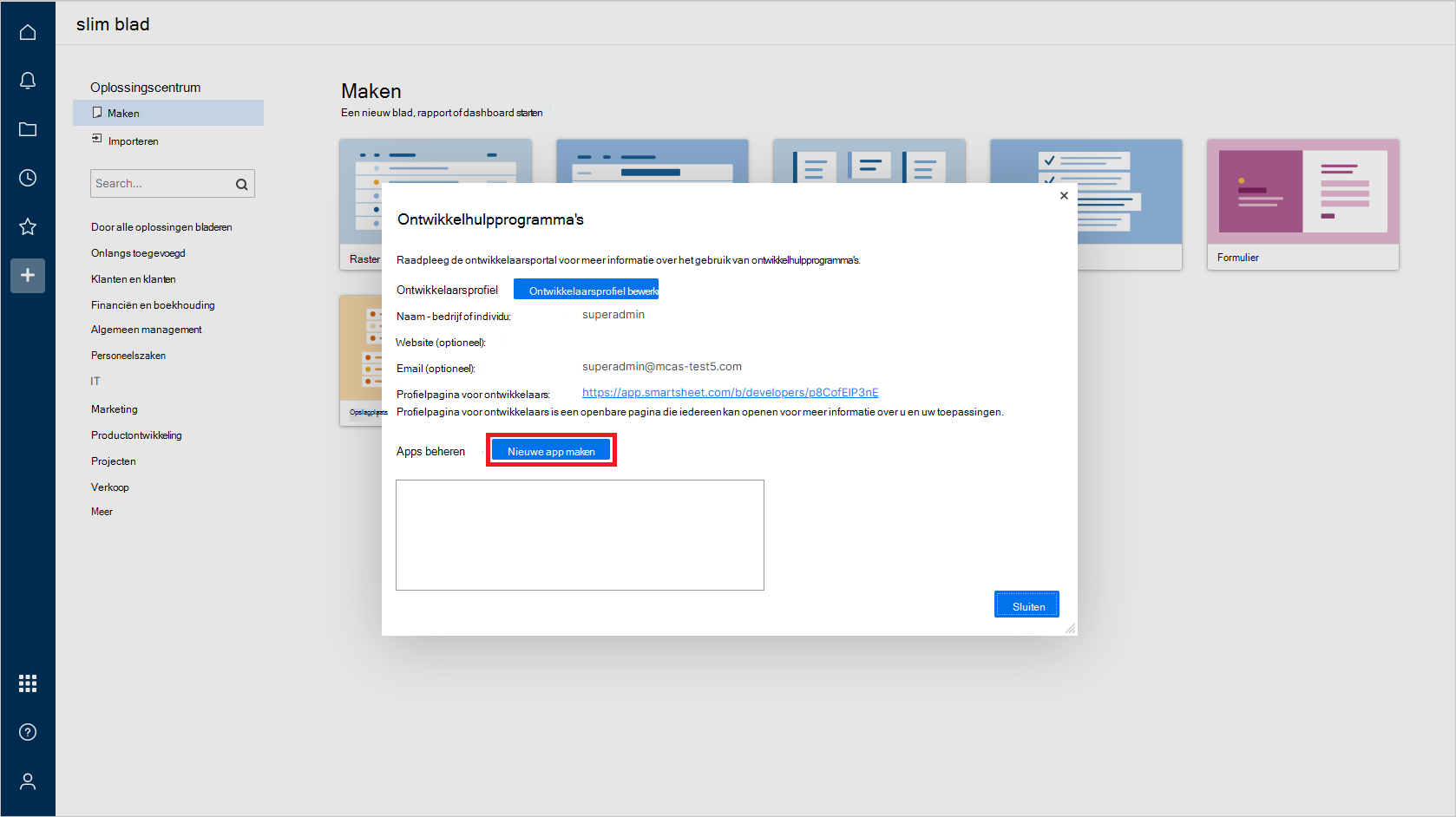 Screenshot van de pagina Developer Tools met de optie Nieuwe App aanmaken.