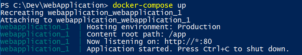 Schermweergave bij het uitvoeren van de opdracht docker-compose up