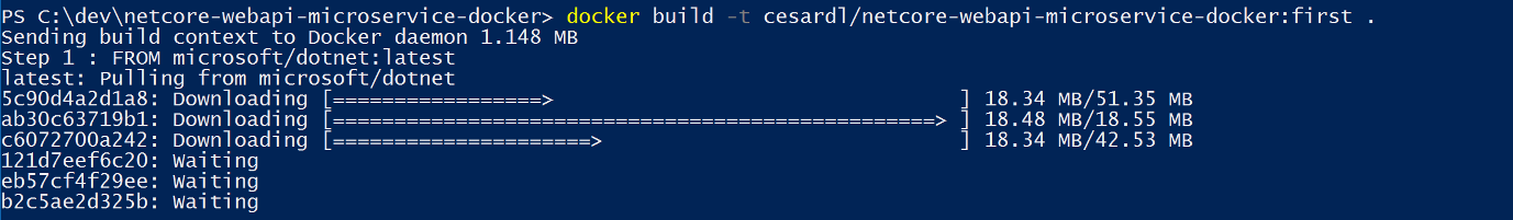 Schermopname van de console-uitvoer van de docker-buildopdracht.