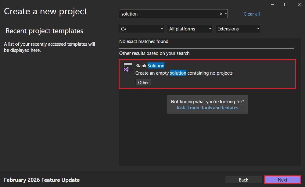 Lege-oplossingssjabloon in Visual Studio