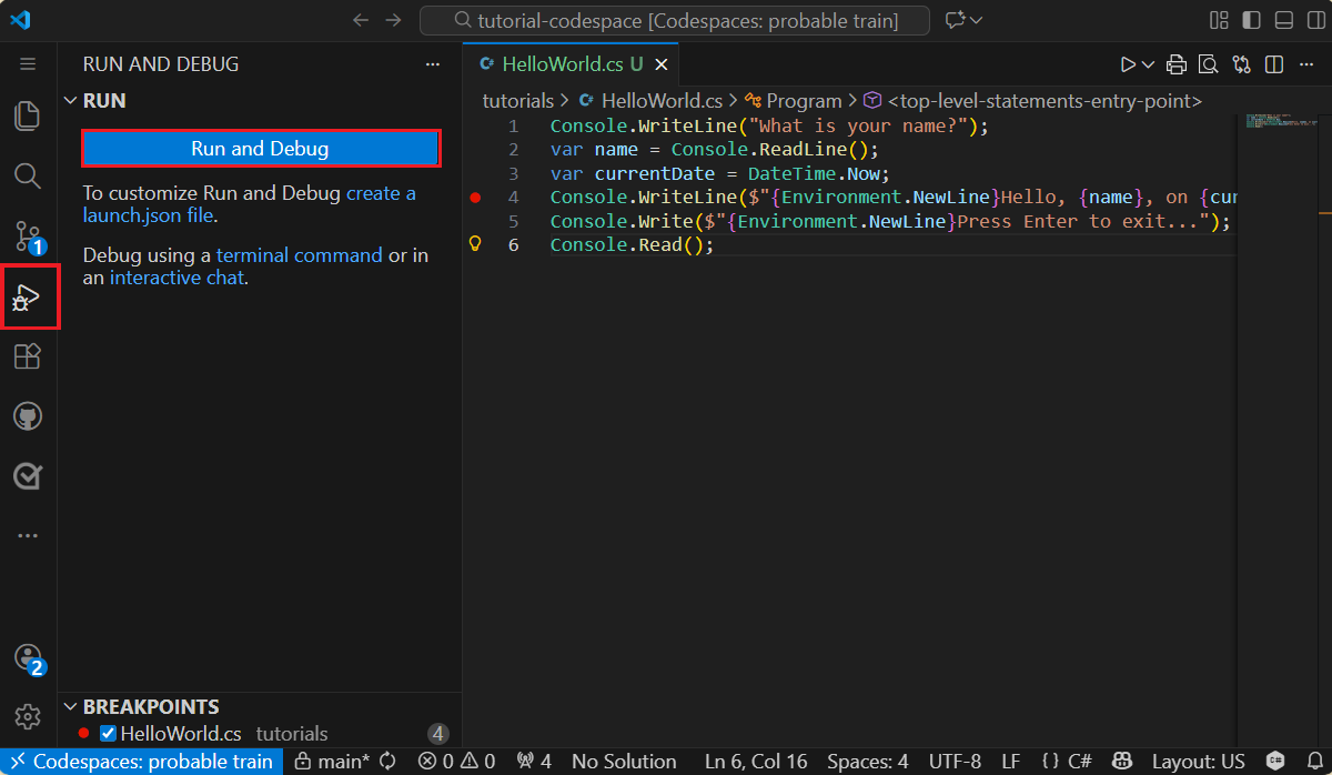 Open het tabblad Foutopsporing in Visual Studio Code