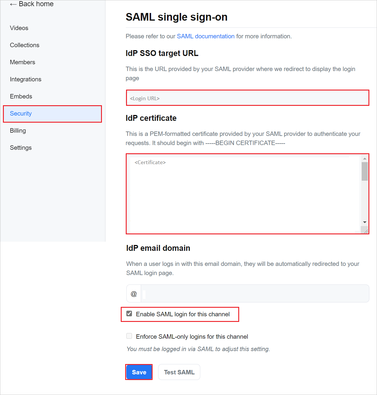 SAML-sectie voor Single Sign-On.