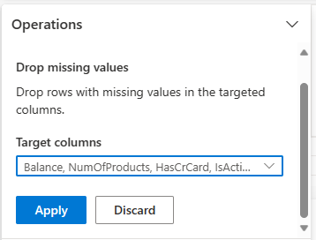 Schermopname toont het verwijderen van ontbrekende rijen in Data Wrangler.