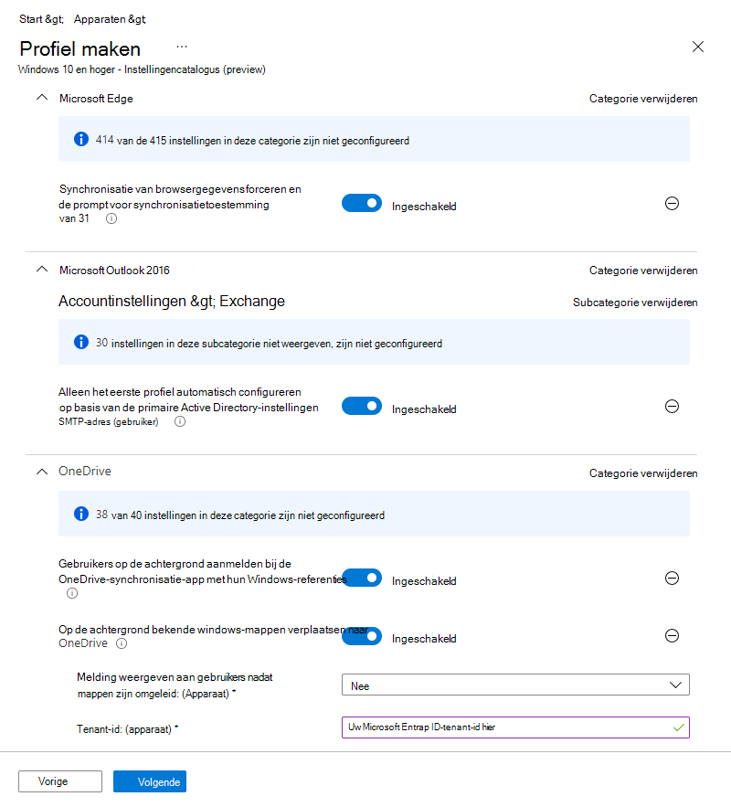 Schermafbeelding met een voorbeeld van een instellingencatalogusprofiel in Microsoft Intune.