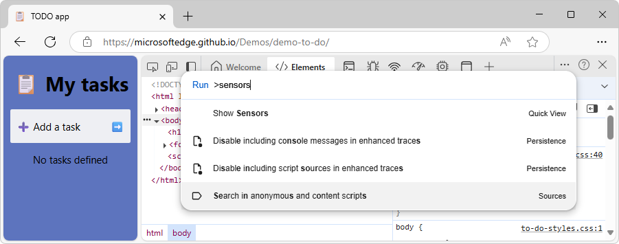 Using the Command Menu to open the Sensors tool