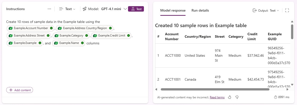 A prompt designed to create sample data for the sample_example table
