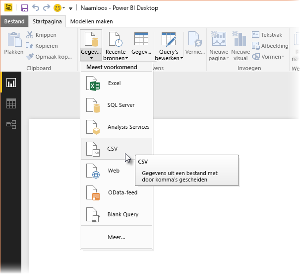 Schermopname van het lint Gegevens ophalen in Power BI Desktop, met de CSV-selectie.