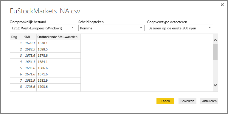 Schermopname van het dialoogvenster CSV-bestand, die het geselecteerde CSV-bestand toont.