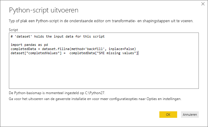Schermopname van het dialoogvenster Python-script uitvoeren met de scriptcode.
