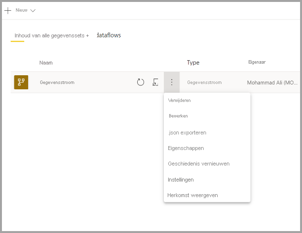 Schermopname van een geselecteerde gegevensstroom met het meer dropdownmenu geopend.