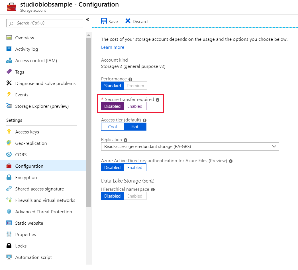 Veilige overdracht uitschakelen die is vereist in Azure Portal