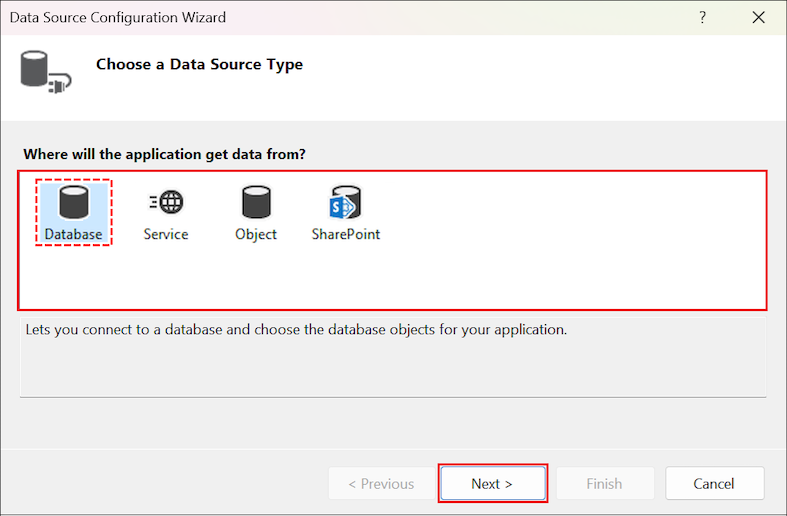 Screenshot that shows how to select the data source type in the Data Source Configuration Wizard in Visual Studio.