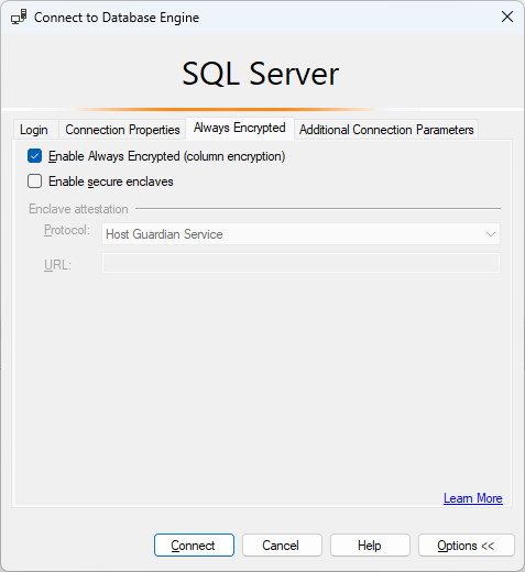 Schermopname van de SSMS-verbindingsoptie voor Always Encrypted ingeschakeld.