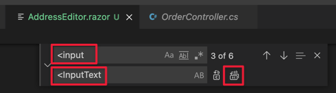 Schermopname van Visual Studio Code en het dialoogvenster Tekst vervangen.