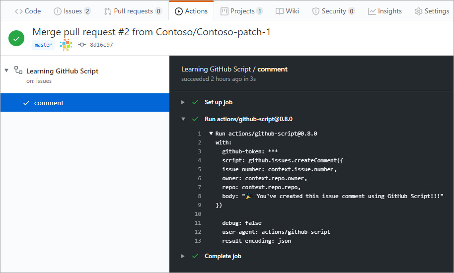 Schermopname van een voltooide GitHub Script-werkstroom.