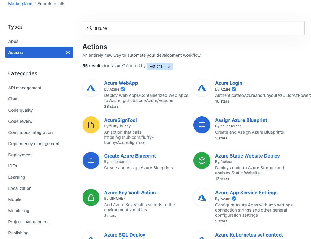 Schermopname van GitHub Marketplace met zoekresultaten voor Azure.