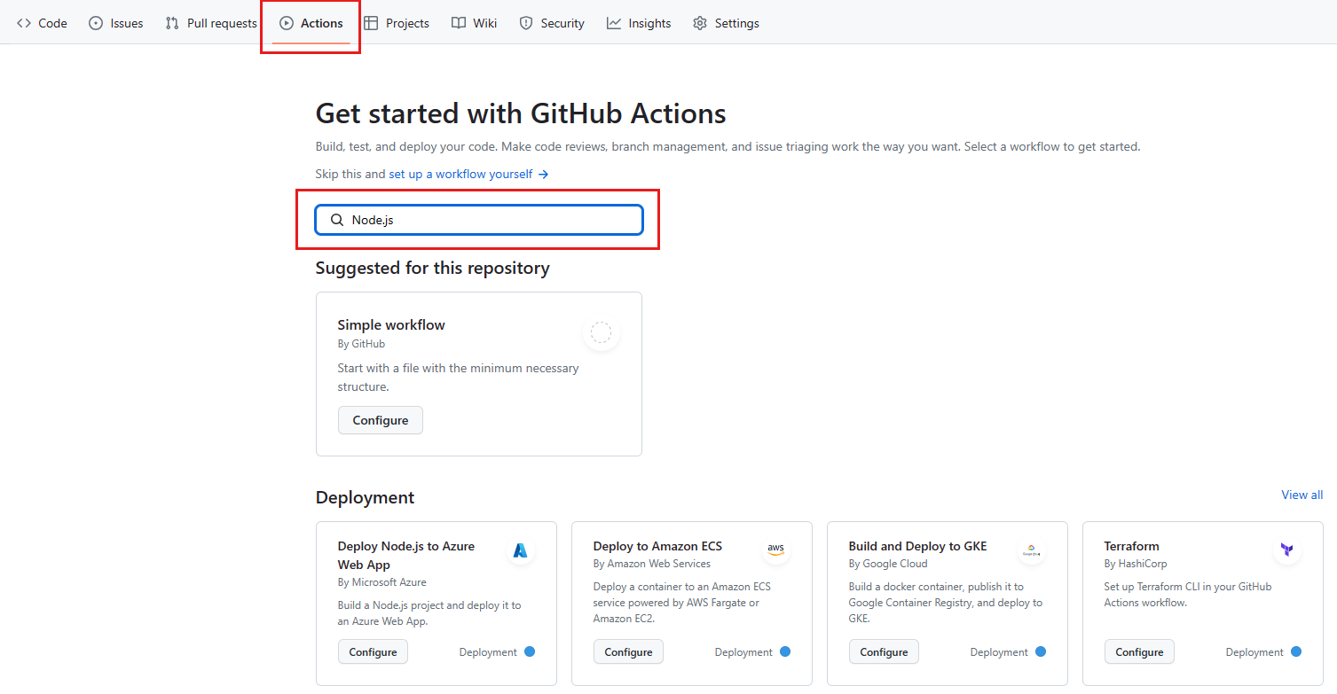 Schermopname van het tabblad GitHub Actions met het zoekvak gemarkeerd en met de tekst Node.js.
