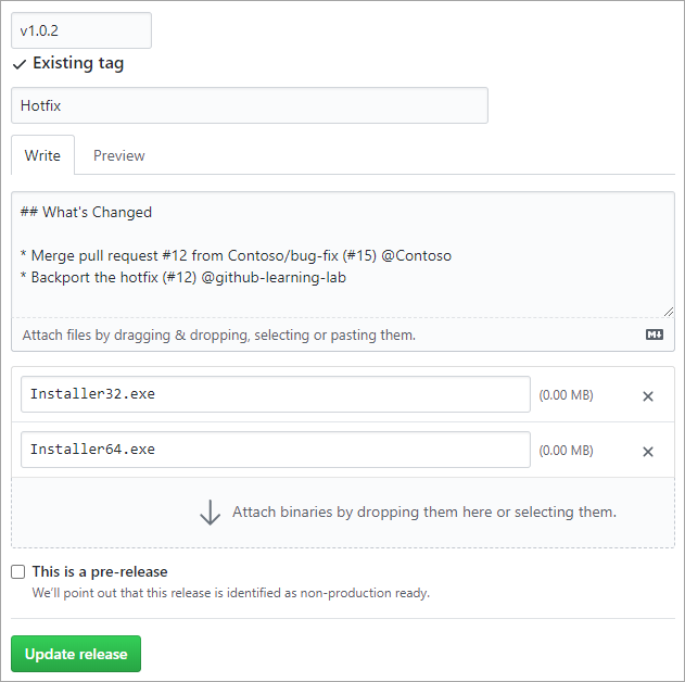 Schermopname van het maken van een GitHub-release.