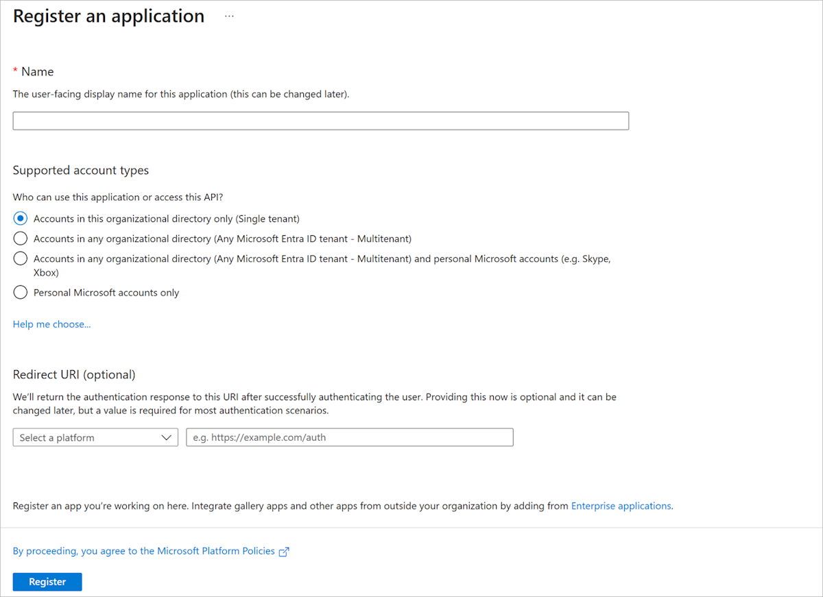 Schermopname van de registratie van een nieuwe app met Microsoft Entra ID in Azure Portal.
