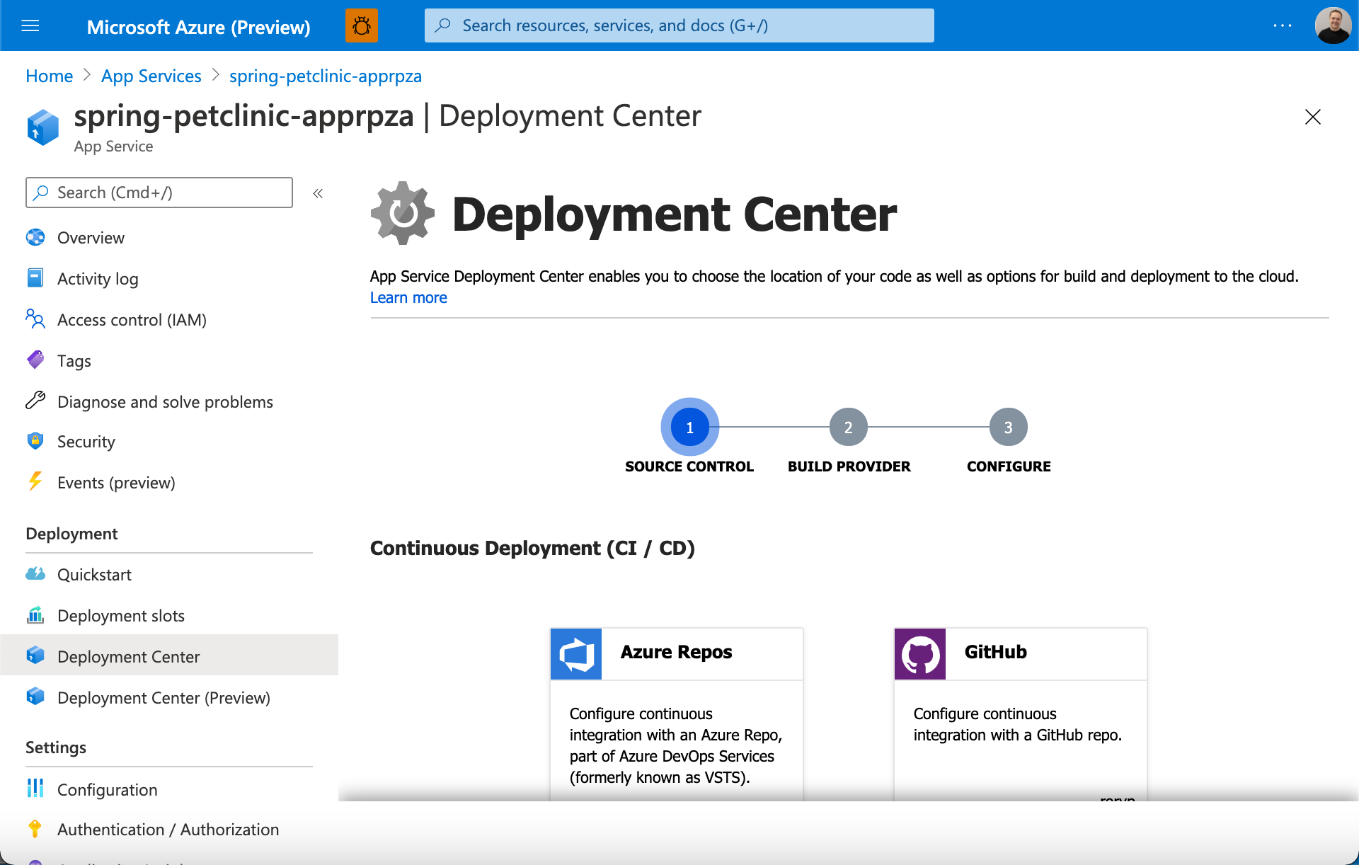 Schermopname van het Azure App Service Deployment Center.