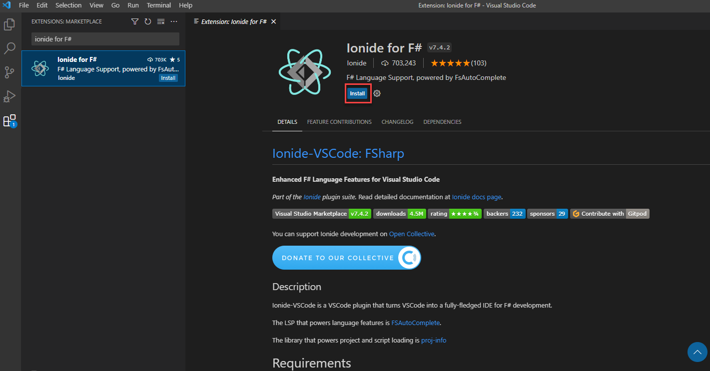Schermopname van de weergave extensies van Visual Studio Code waarop de installatiepagina van de F# Ionide-extensie wordt weergegeven met een vak rond de knop Installeren.