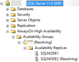 Schermopname van de beschikbaarheidsreplica's in SQL Server Management Studio.