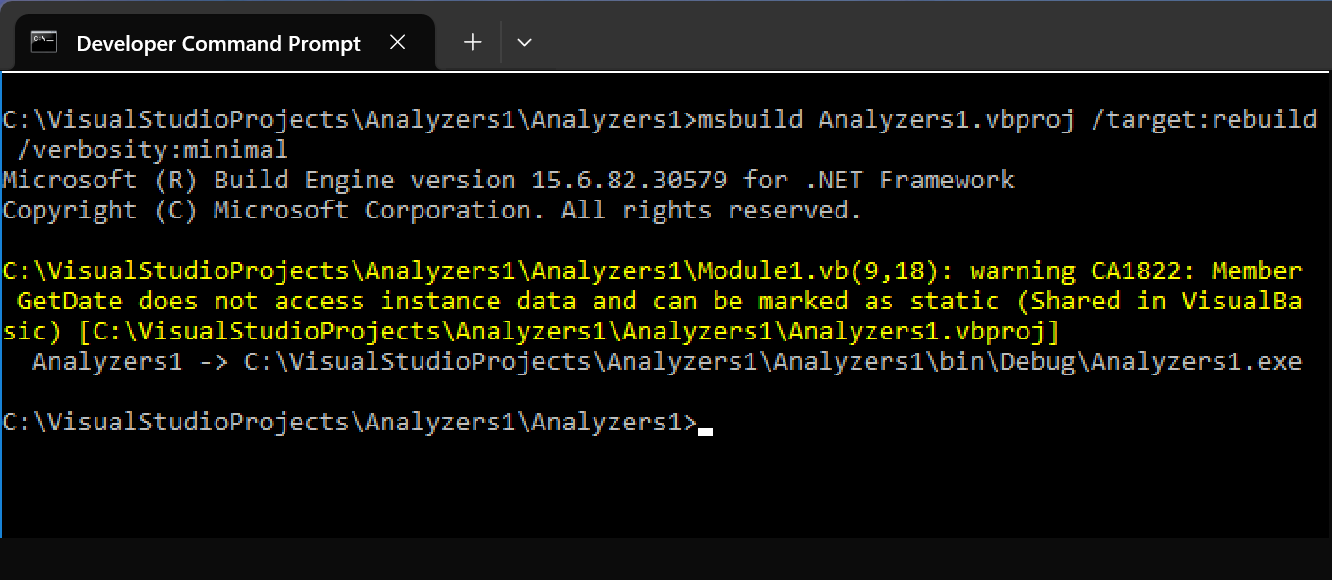 Schermopname van MSBuild-uitvoer met een regelschending in een opdrachtprompt voor ontwikkelaars.