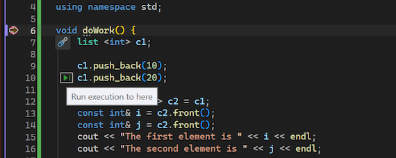 Schermafbeelding die laat zien hoe u de actie Run to Click gebruikt in de debugger van Visual Studio.
