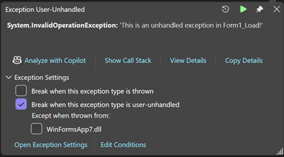Schermopname van een niet-verwerkte uitzondering in Windows Form.
