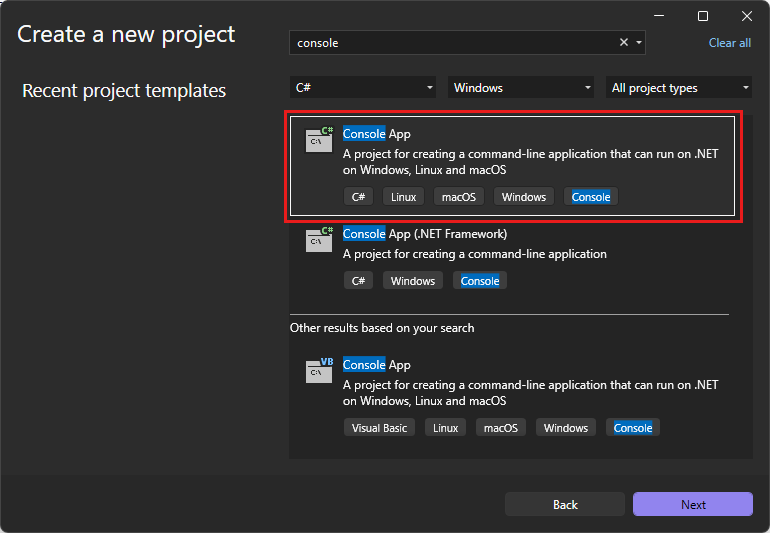 Schermopname van de sjabloon Consoletoepassing in het venster Een nieuw project maken van Visual Studio.