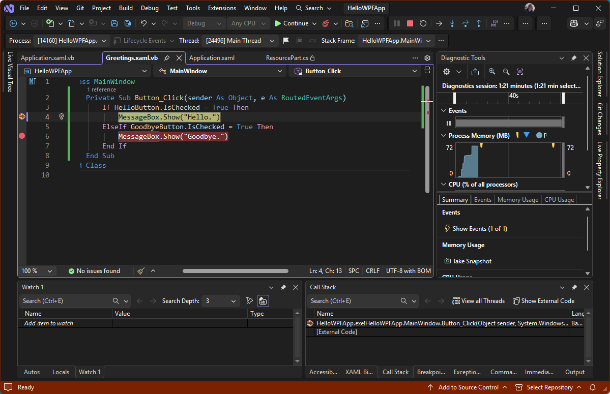 Screenshot met een foutopsporingssessie in Visual Studio met de Code, diagnostische gegevens, Autom. en oproepstack-vensters geopend. De uitvoering wordt gestopt bij een breakpoint in Greetings.xaml.vb.