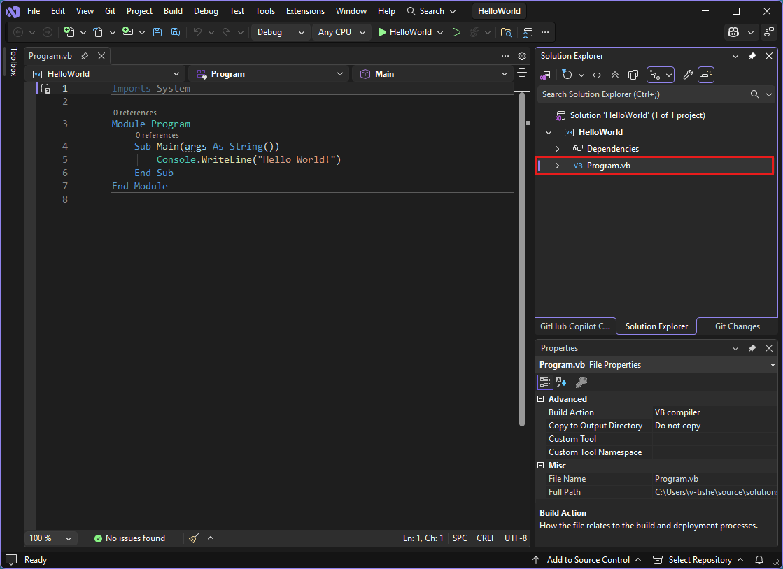 Schermafbeelding met de Visual Studio IDE met de Program.vb code in de editor.