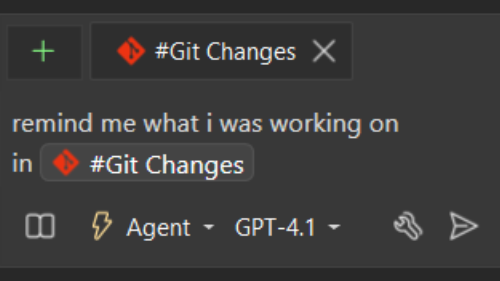 Schermafbeelding van Copilot Chat verwijst naar niet-doorgevoerde wijzigingen met #changes.