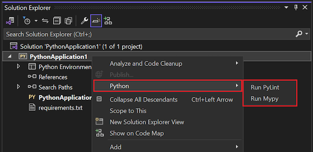 Schermopname van de beschikbare linting-opdrachten voor Python-projecten in Solution Explorer.