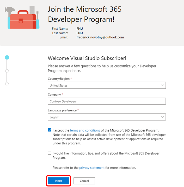Welkomstscherm van Microsoft 365 Developer