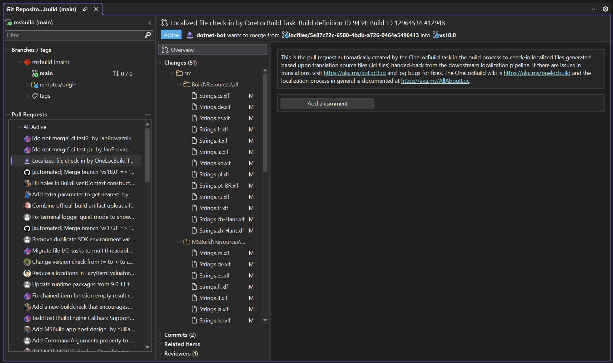 Schermopname van het venster Git-opslagplaats in Visual Studio met vertakkingen of tags en pull-aanvragen in het linkerdeelvenster en details van pull-aanvragen in het hoofdvenster.