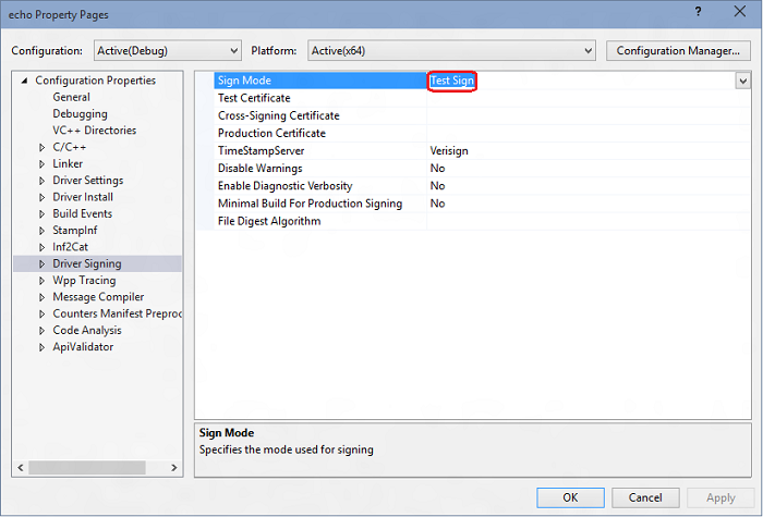 Schermopname van de Echo-eigenschappenpagina in Visual Studio waarin de instelling voor de tekenmodus wordt gemarkeerd.