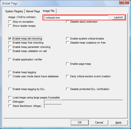 Schermopname van het tabblad Afbeeldingsbestand in Windows Vista met de knop Starten.