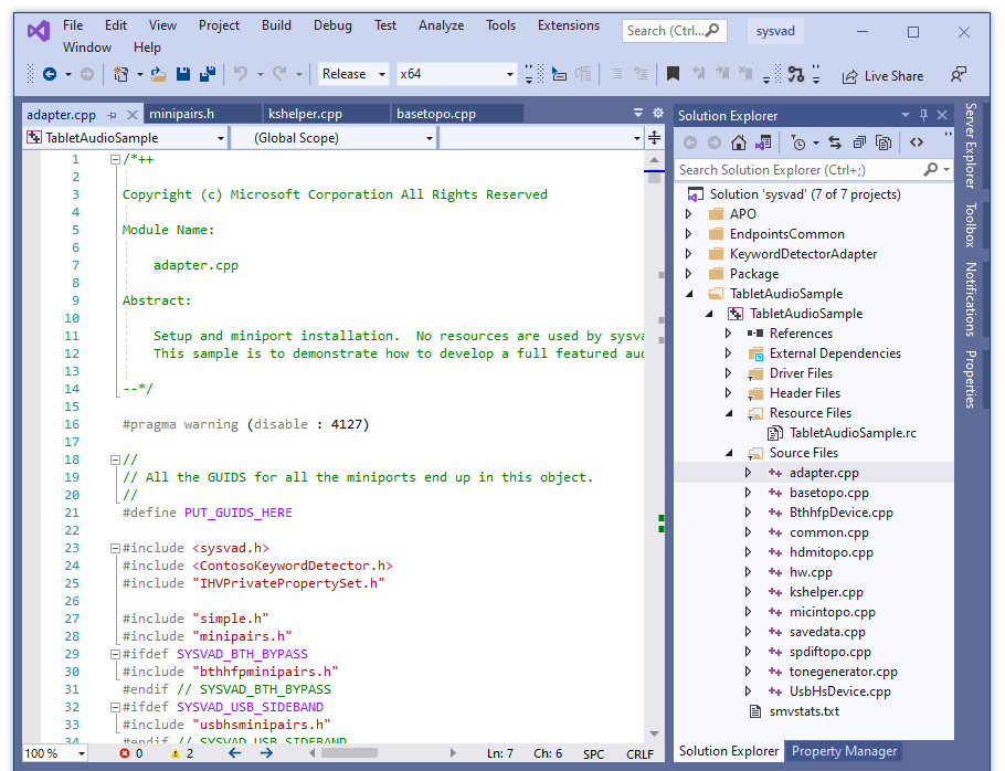 Schermopname van Visual Studio met het adapter.cpp-bestand dat is geladen vanuit het Sysvad-project.
