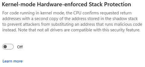 Schermopname van de wisselknop om Hardware-afgedwongen Stack Protection in of uit te schakelen in de kernelmodus.